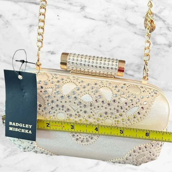 Badgley Mischka Off White Satin Rhinestone Clutch Evening Handbag Chain - Picture 8 of 16